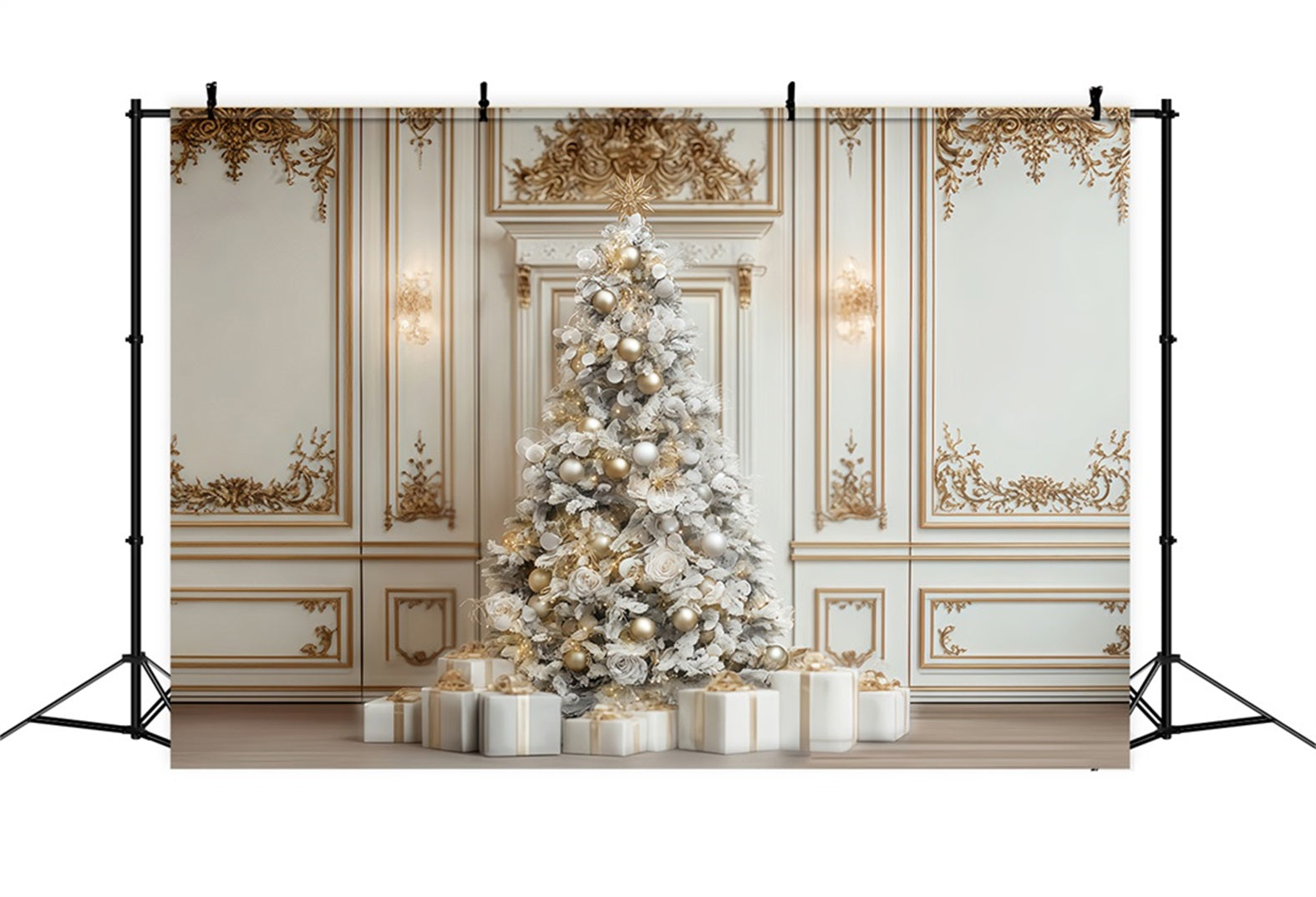 Christmas Wall Backdrop White Gold Elegant Tree Christmas Photo Backdrop UK TWW510-66