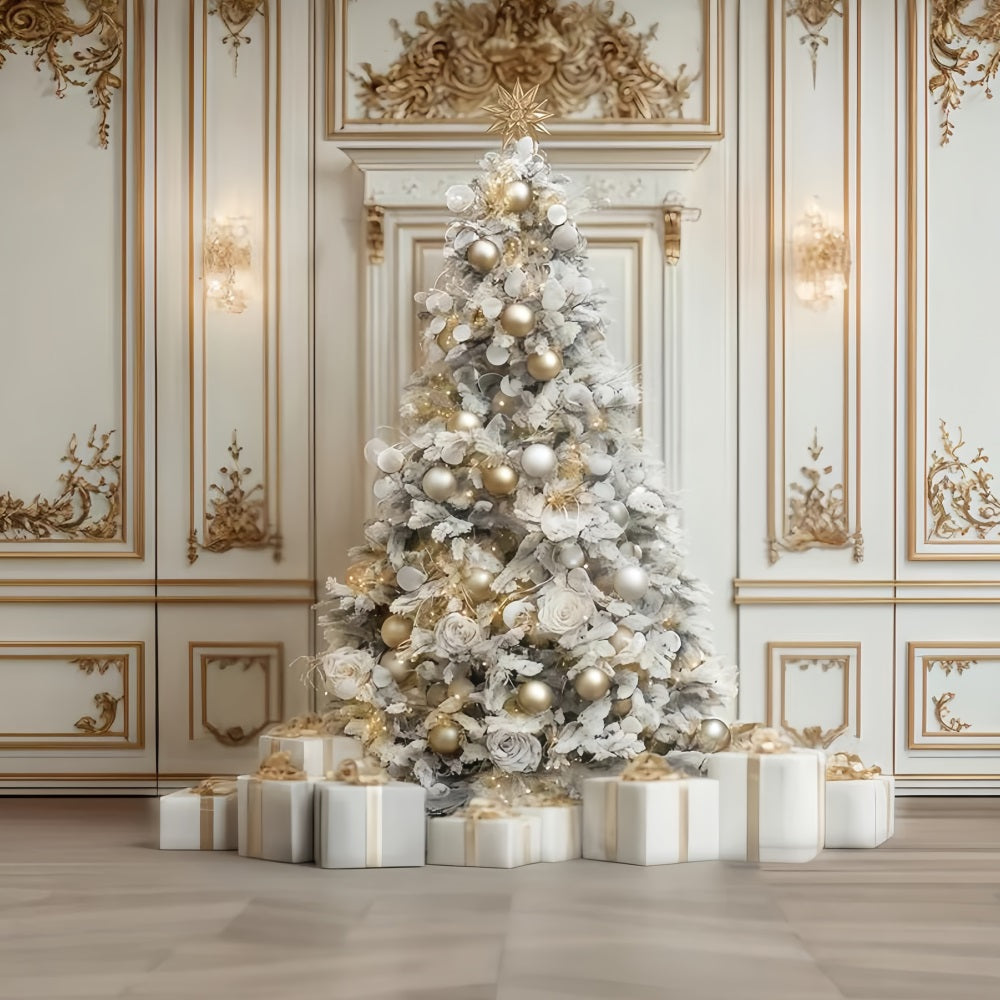 Christmas Wall Backdrop White Gold Elegant Tree Christmas Photo Backdrop UK TWW510-66