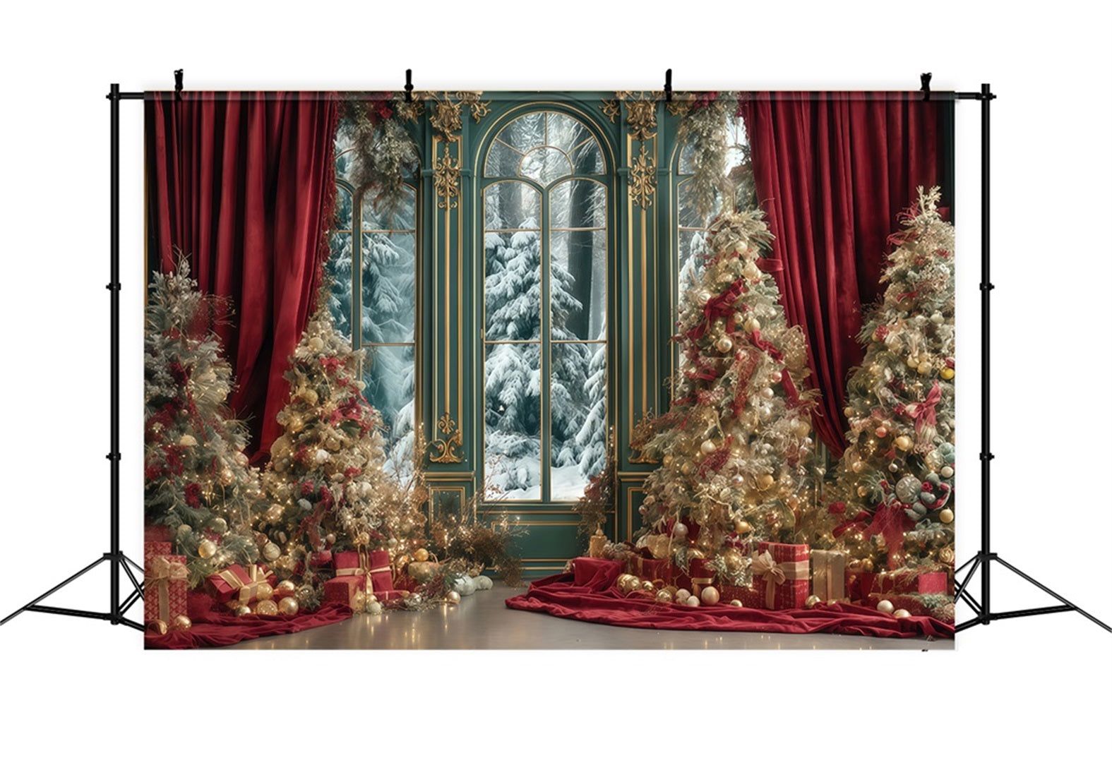 Christmas Tree Backdrop Red Curtain Winter Palace Christmas Photo Backdrops UK TWW510-67