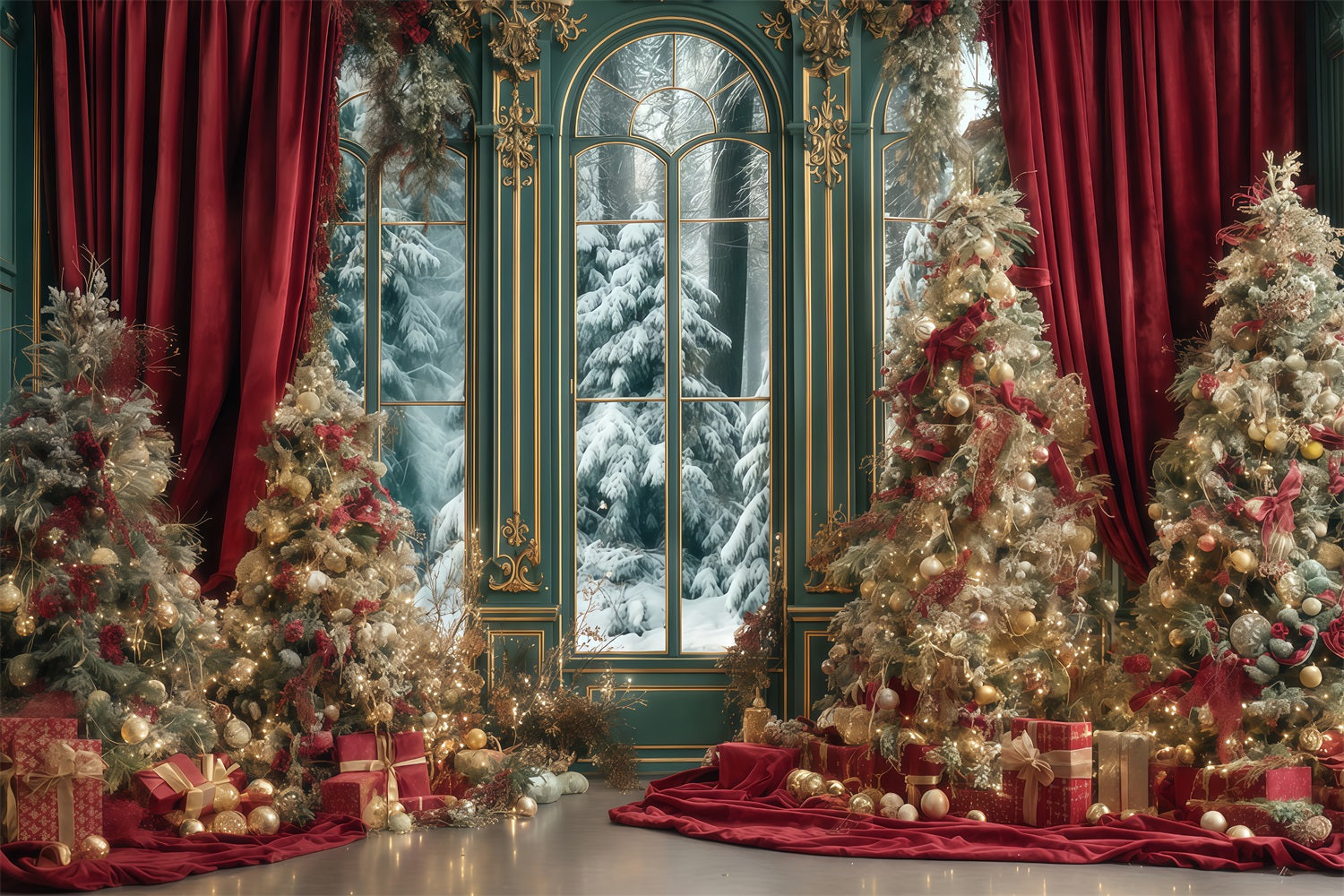 Christmas Tree Backdrop Red Curtain Winter Palace Christmas Photo Backdrops UK TWW510-67
