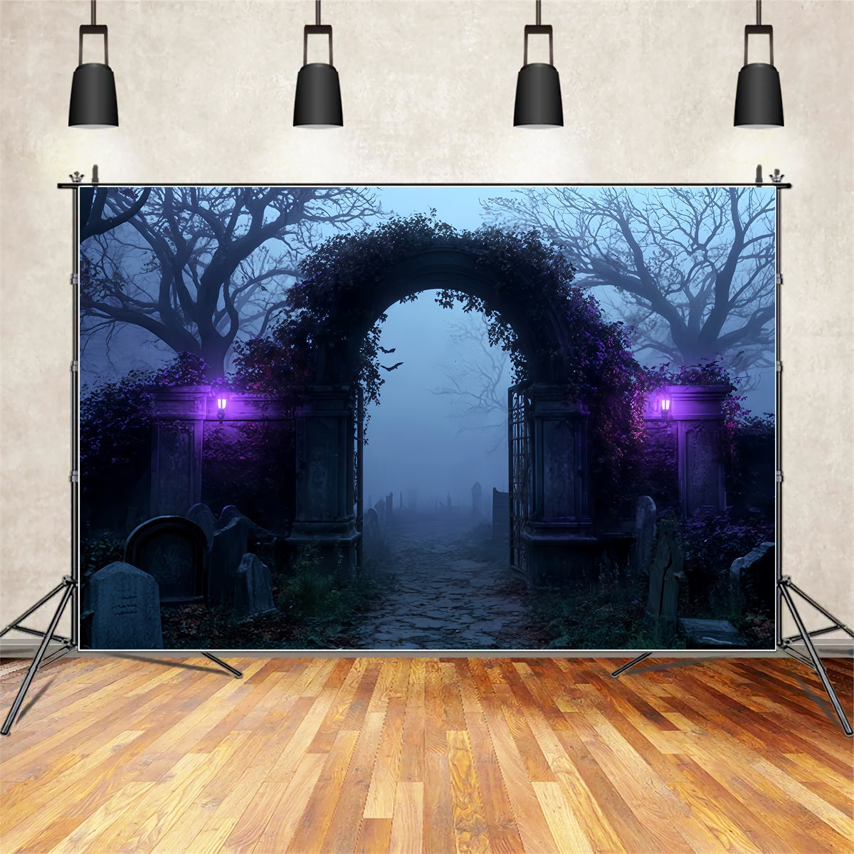 Halloween Backdrop Foggy Cemetery Archway Entrance Halloween Photo Backdrops UK TWW510-7