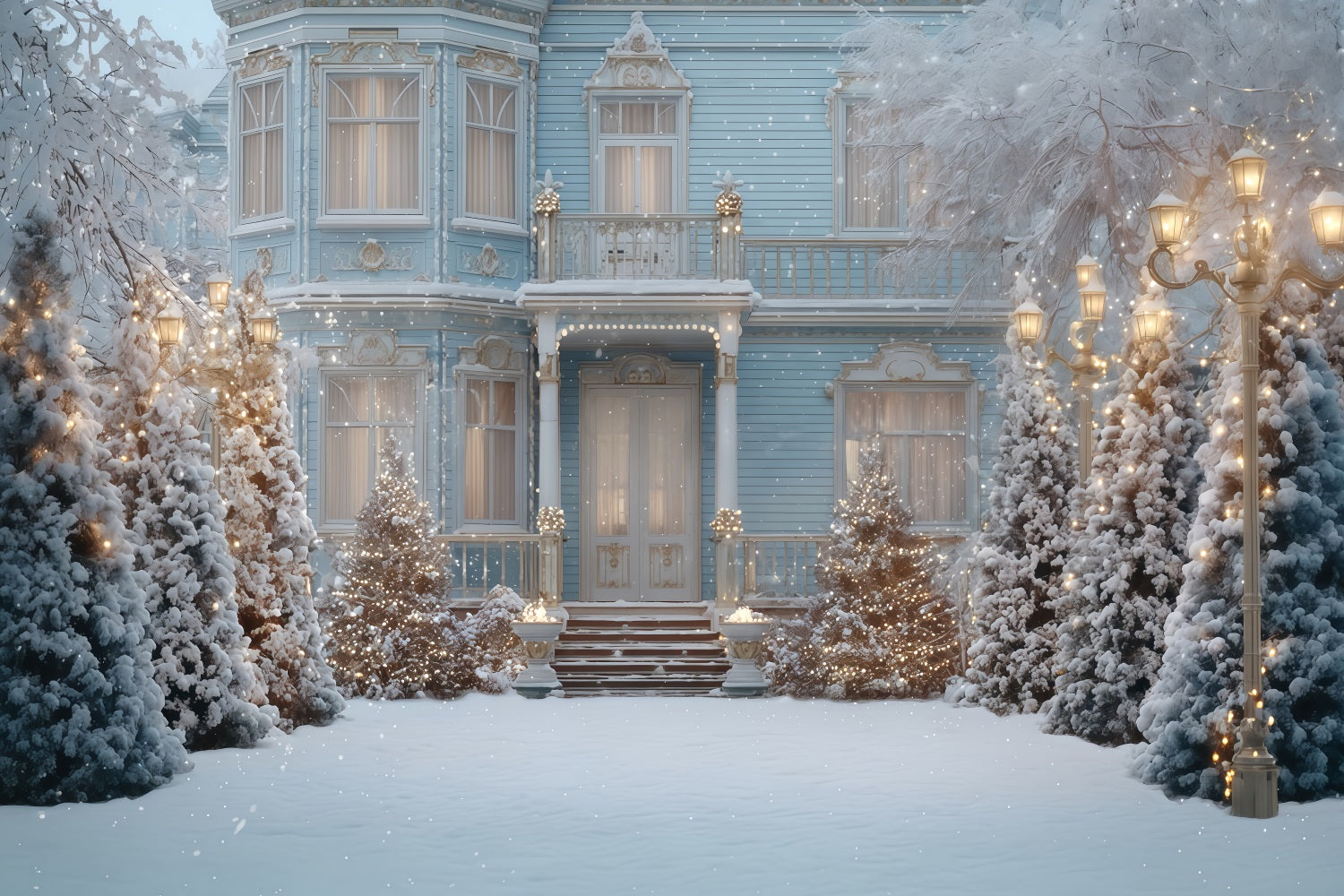 Christmas Tree Backdrop Blue Victorian Winter Mansion Christmas Backdrop UK TWW510-70