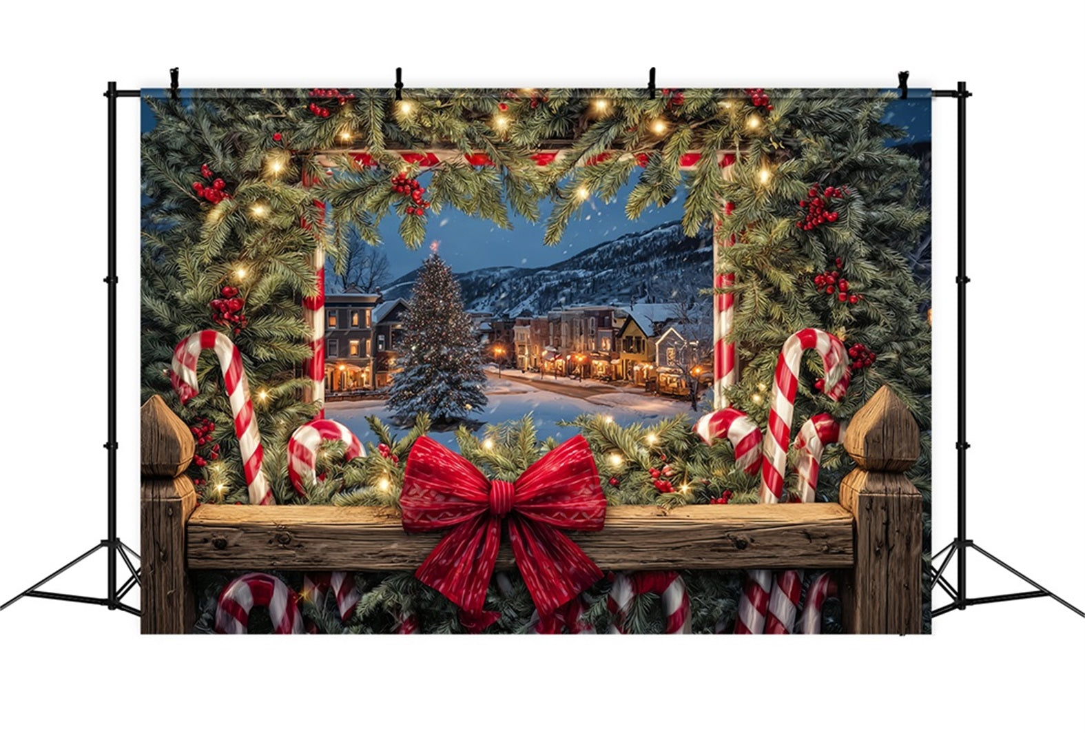 Christmas Bow Backdrop Cozy Town Holiday Window Christmas Photo Backdrops UK TWW510-75
