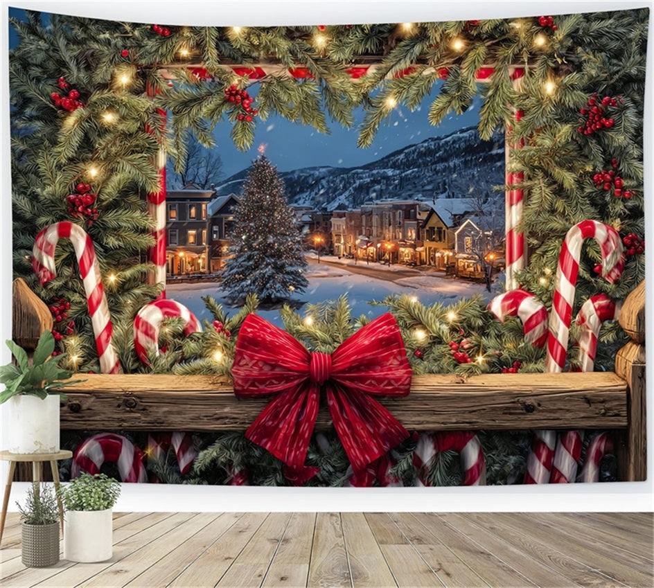 Christmas Bow Backdrop Cozy Town Holiday Window Christmas Photo Backdrops UK TWW510-75