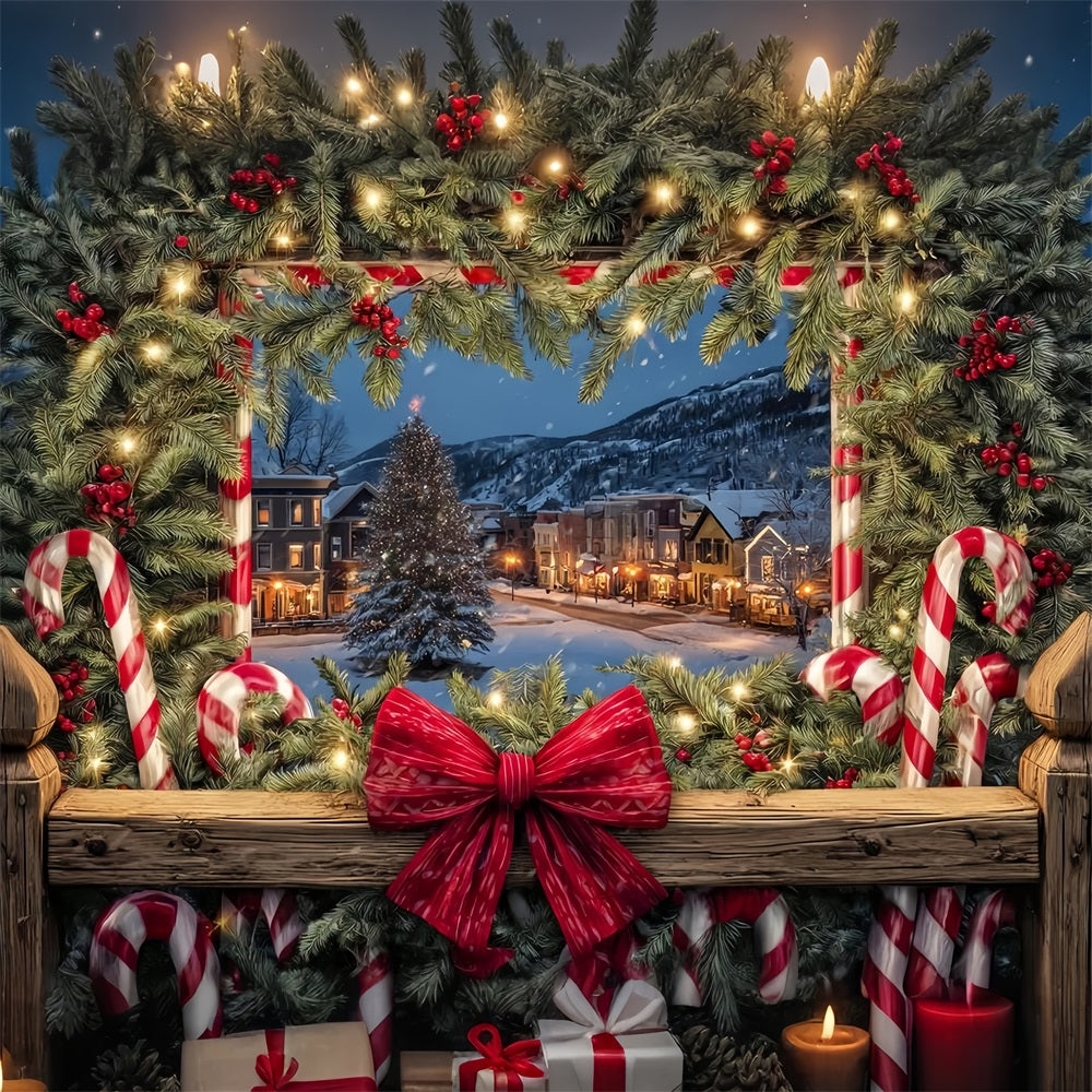 Christmas Bow Backdrop Cozy Town Holiday Window Christmas Photo Backdrops UK TWW510-75