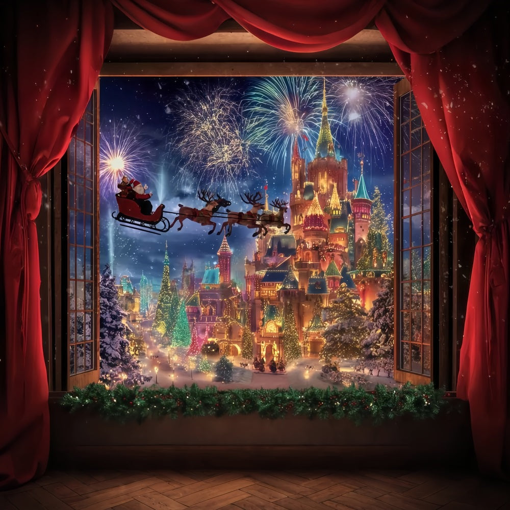 Santa Photo Backdrop Santa Sleigh Fireworks Castle Christmas Backdrop UK TWW510-78