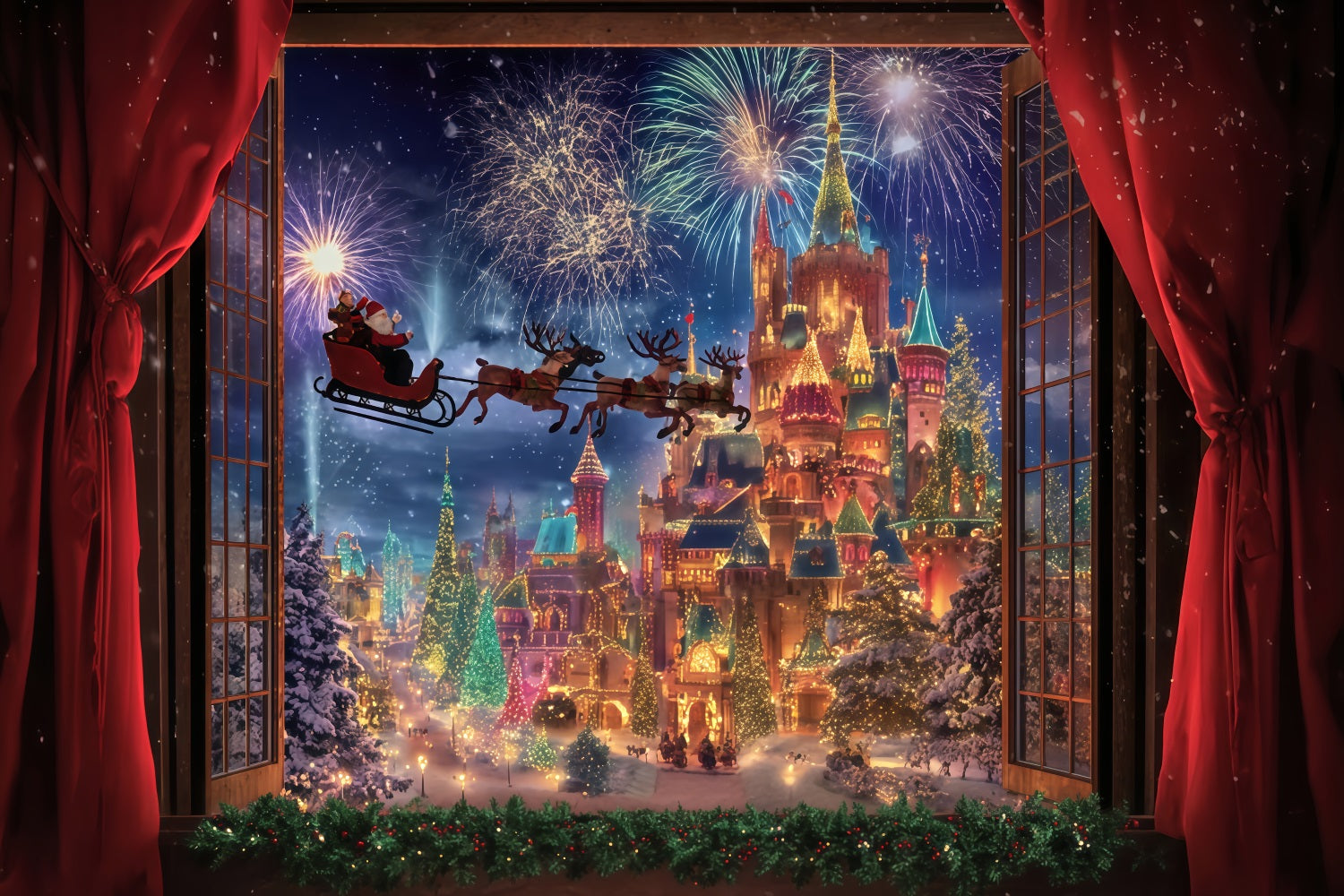 Santa Photo Backdrop Santa Sleigh Fireworks Castle Christmas Backdrop UK TWW510-78