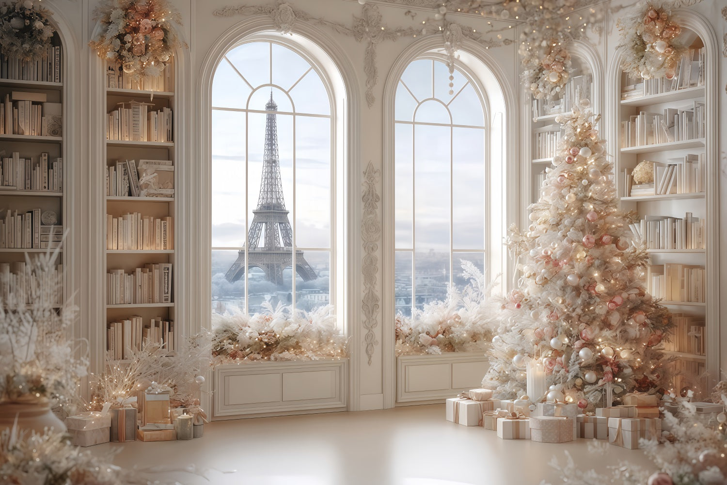 Christmas Tree Backdrop Paris Winter Elegant Library Christmas Backdrops UK TWW510-79
