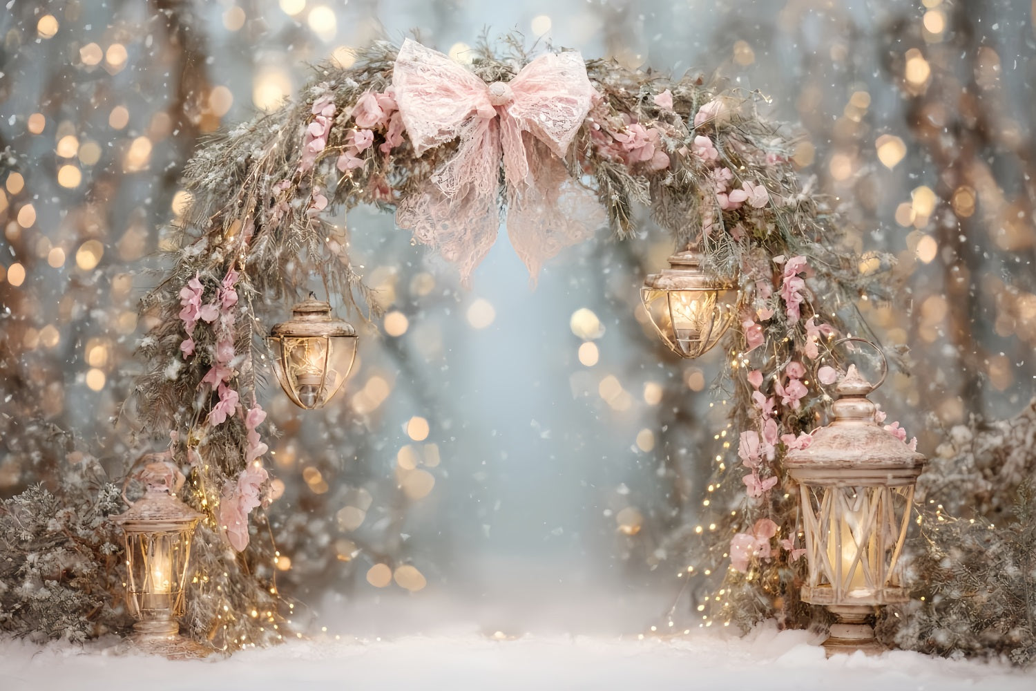 Pink Bow Backdrop Pink Lantern Snow Arch Christmas Backdrop UK TWW510-80