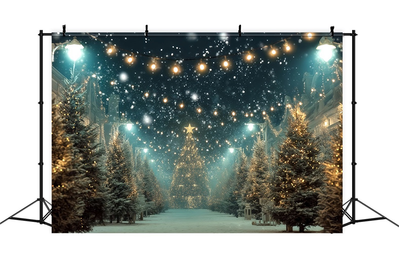 Christmas Tree Backdrop Snowy Street Golden Lights Christmas Photo Backdrop UK TWW510-82
