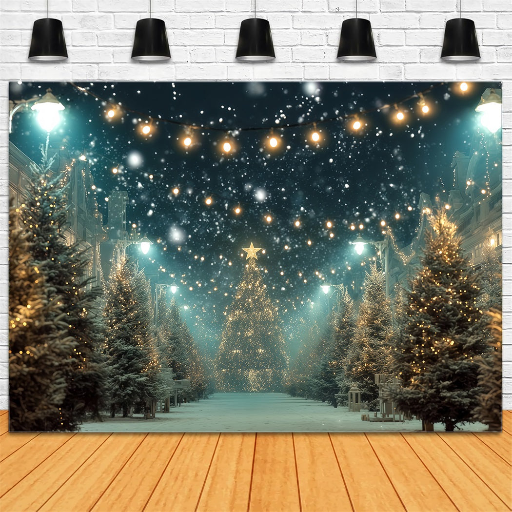 Christmas Tree Backdrop Snowy Street Golden Lights Christmas Photo Backdrop UK TWW510-82