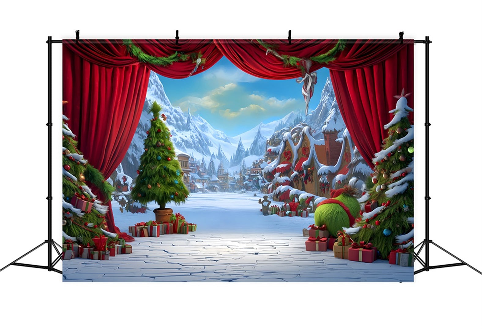 Grinch Backdrop Whoville Festive Winter Stage Christmas Photo Backdrops UK TWW510-83