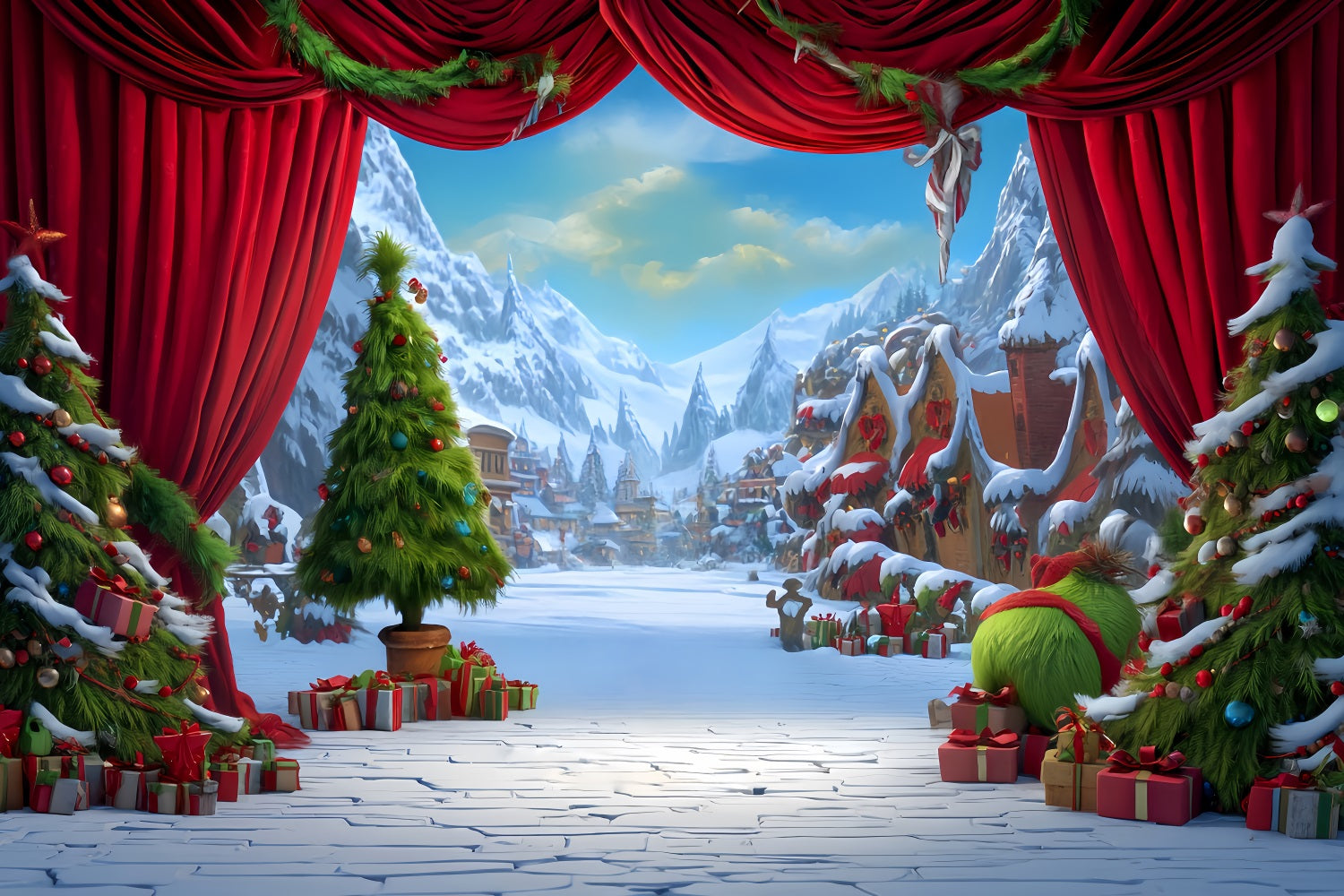 Grinch Backdrop Whoville Festive Winter Stage Christmas Photo Backdrops UK TWW510-83