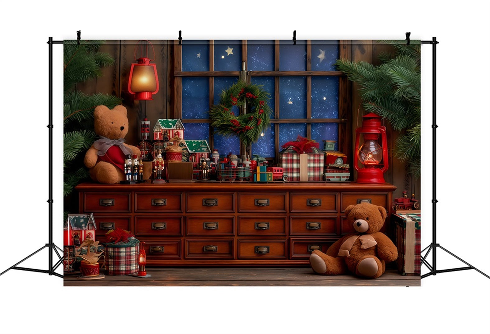 Santas Workshop Backdrop Cozy Toy Workshop Window Christmas Backdrops UK TWW510-87
