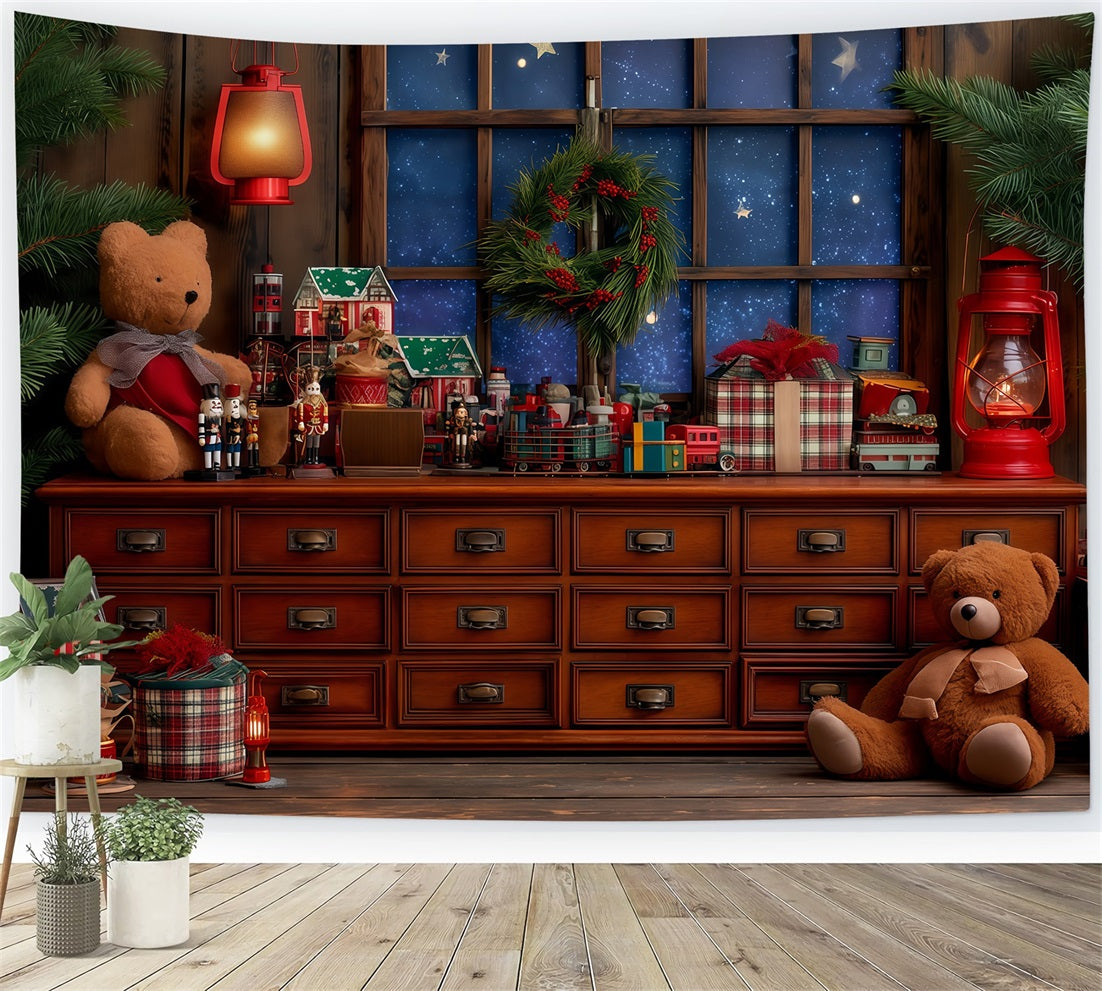 Santas Workshop Backdrop Cozy Toy Workshop Window Christmas Backdrops UK TWW510-87