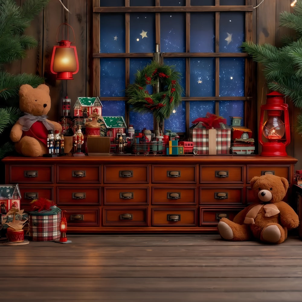 Santas Workshop Backdrop Cozy Toy Workshop Window Christmas Backdrops UK TWW510-87