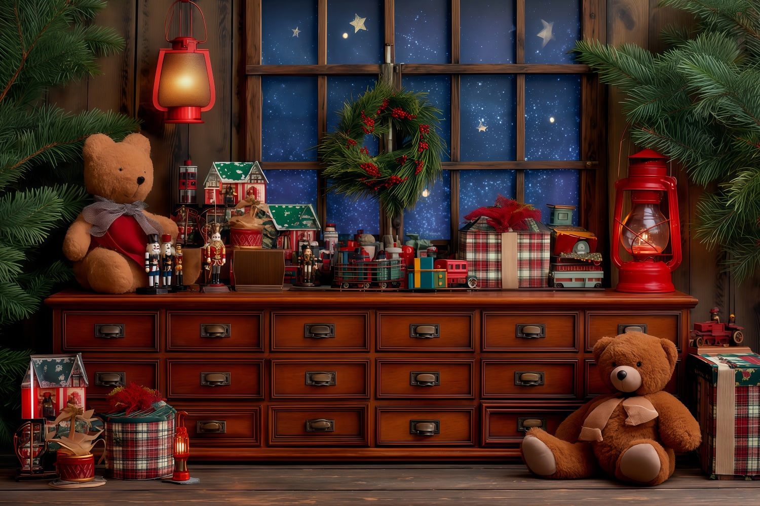 Santas Workshop Backdrop Cozy Toy Workshop Window Christmas Backdrops UK TWW510-87