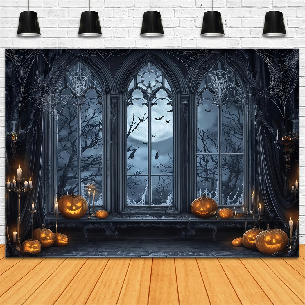 Halloween Bat Backdrop Gothic Window Moonlight Pumpkins Halloween Photography Backdrop UK TWW510-9