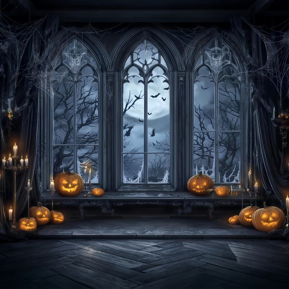 Halloween Bat Backdrop Gothic Window Moonlight Pumpkins Halloween Photography Backdrop UK TWW510-9