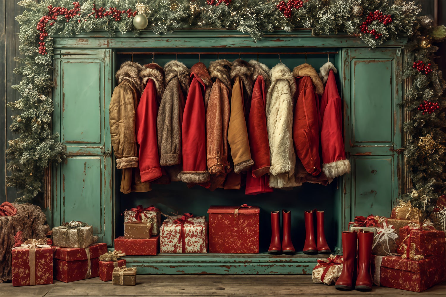 Santa Workshop Backdrop Cozy Coats Holiday Wardrobe Christmas Photo Backdrop UK TWW510-90