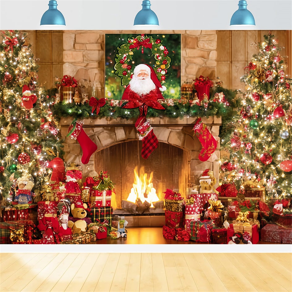 Santa Backdrop Fireplace Stockings Gift Tree Christmas Backdrop Ideas UK TWW510-93