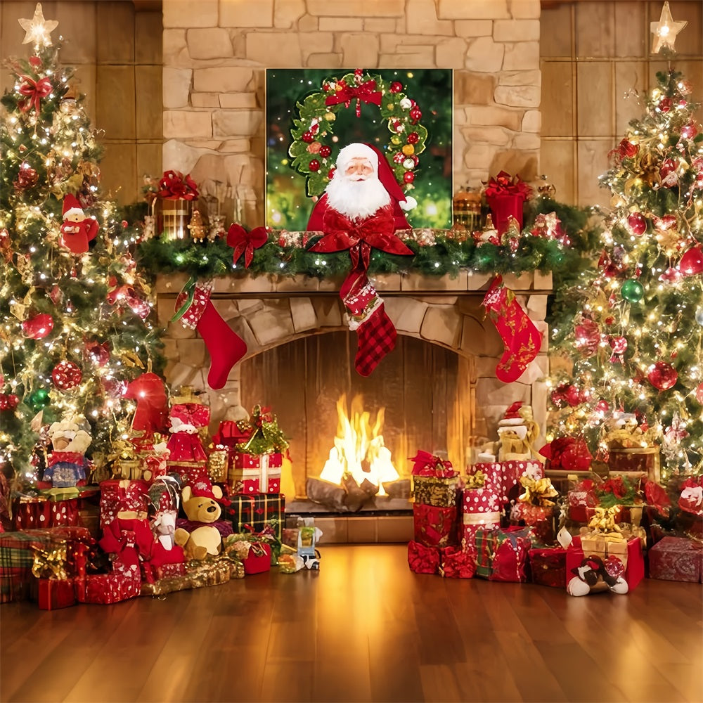 Santa Backdrop Fireplace Stockings Gift Tree Christmas Backdrop Ideas UK TWW510-93