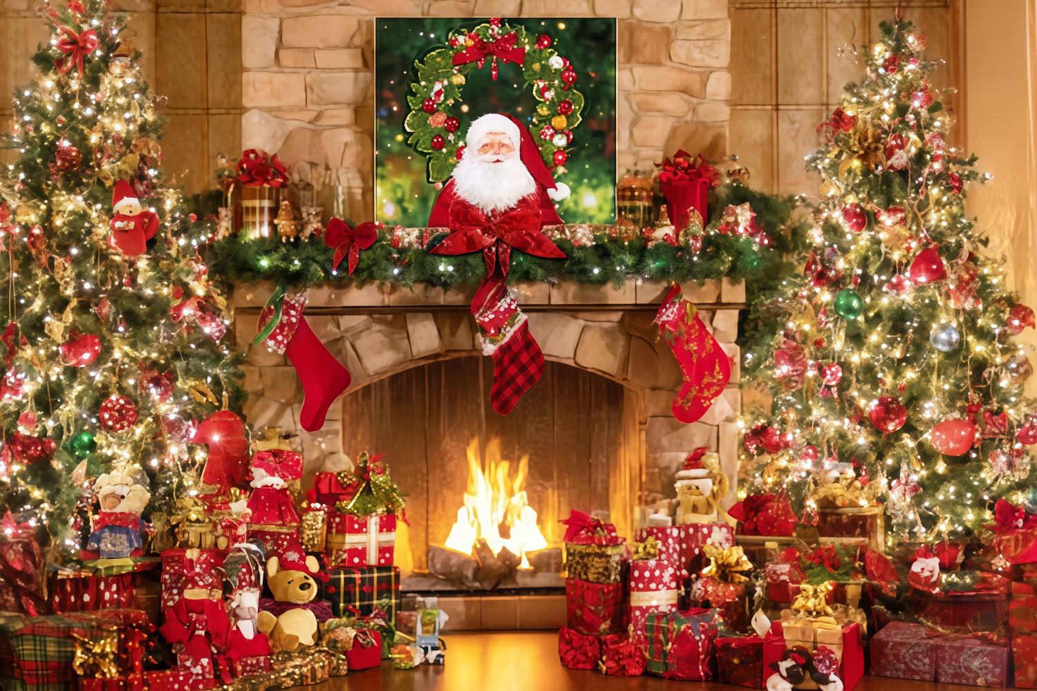 Santa Backdrop Fireplace Stockings Gift Tree Christmas Backdrop Ideas UK TWW510-93