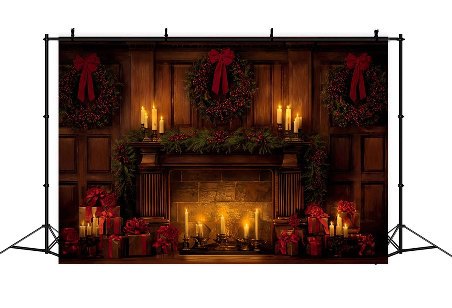 Christmas Bow Backdrop Elegant Candlelit Holiday Hearth Christmas Backdrop UK TWW510-96