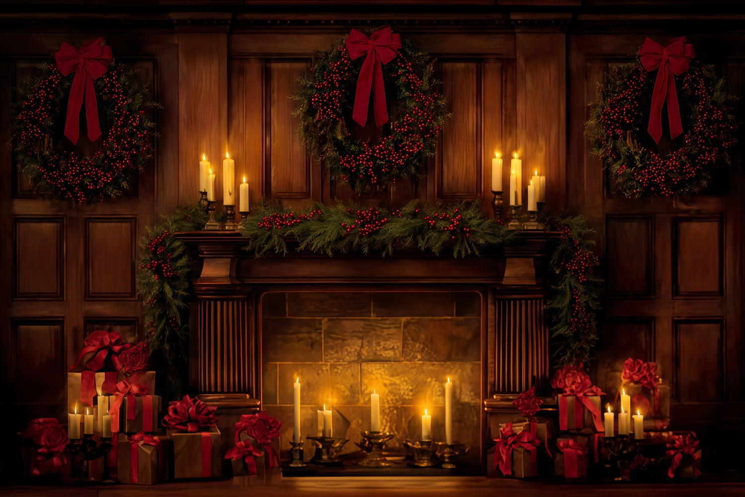 Christmas Bow Backdrop Elegant Candlelit Holiday Hearth Christmas Backdrop UK TWW510-96