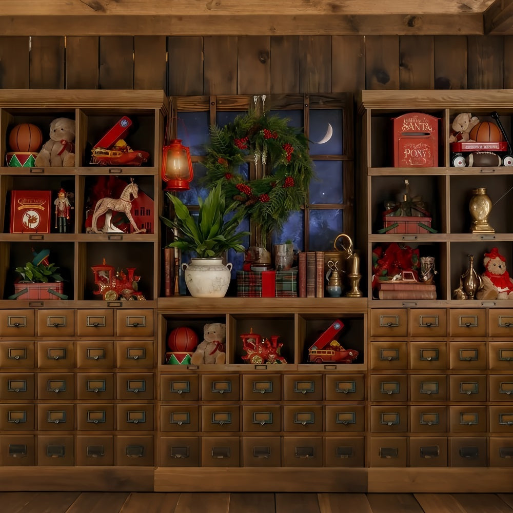 Santa's Toy Shop Backdro Toy Shelf Moonlit Window Christmas Photo Backdrop UK TWW510-98