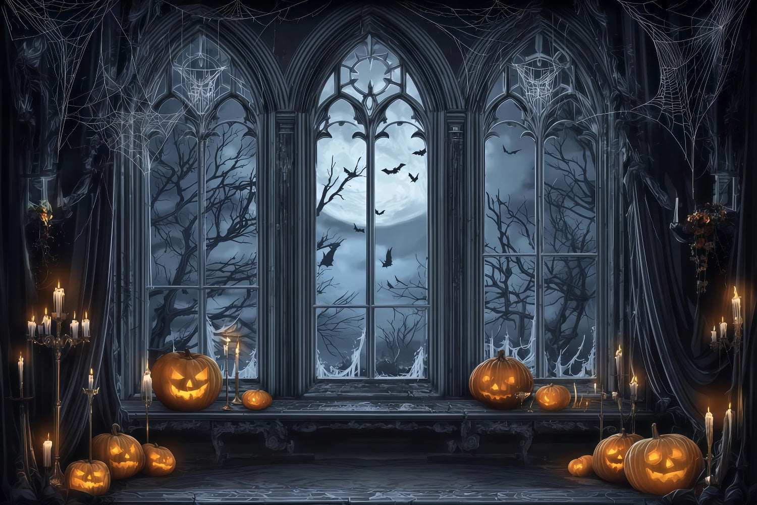 Halloween Bat Backdrop Gothic Window Moonlight Pumpkins Halloween Photography Backdrop UK TWW510-9