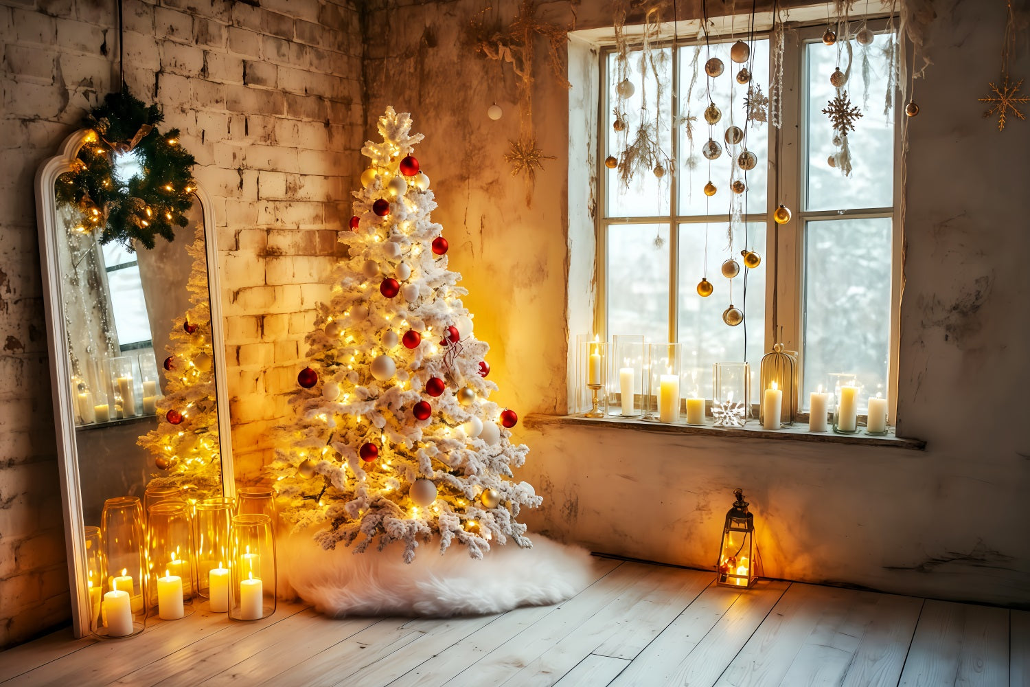 New Years Backdrop Cozy Candles Christmas Tree Happy New Year Backdrop UK TWW512-1