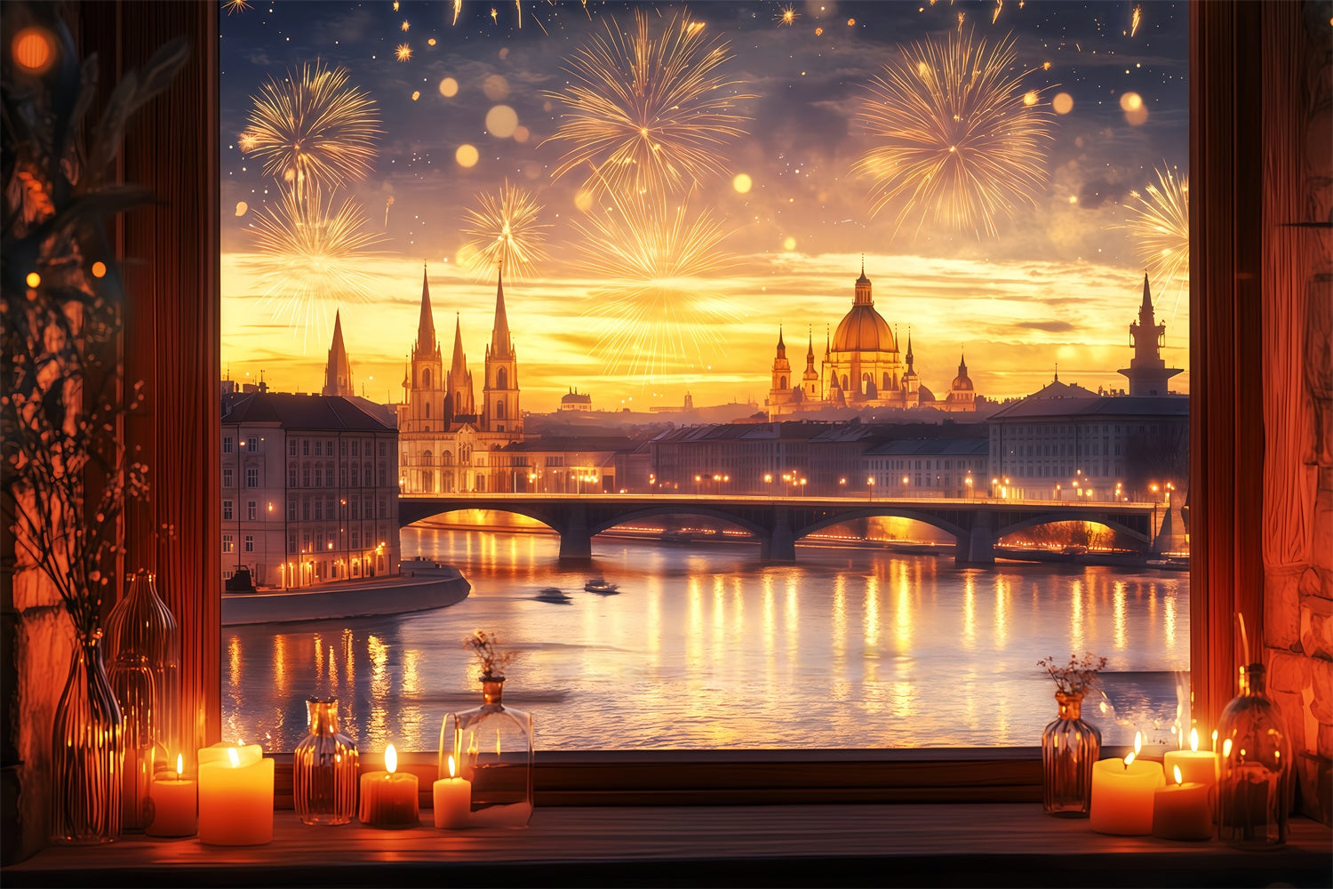 New Year's Backdrop Golden Sunset Cityscape Fireworks Photo Backdrop UK TWW512-10