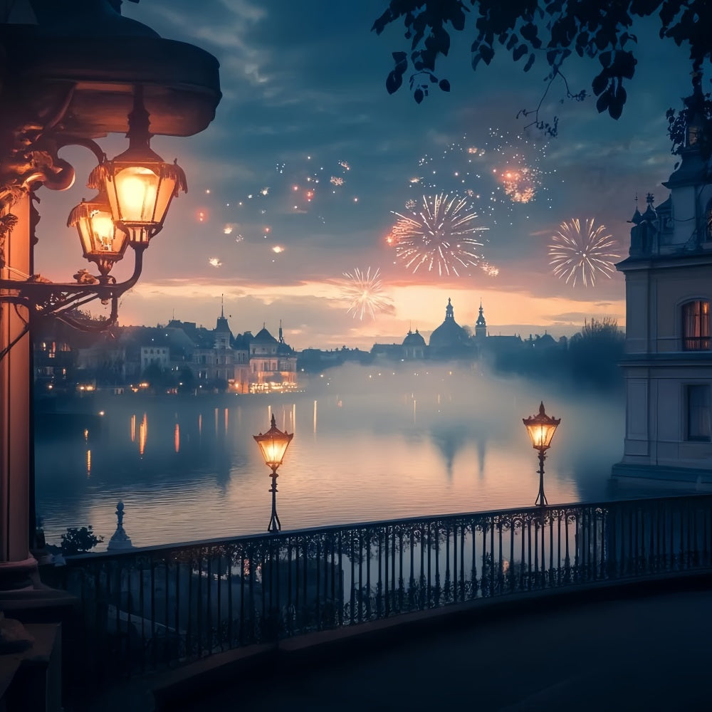 New Years Photo Backdrop Golden Lakeside Fireworks Glow City Night Backdrop UK TWW512-13