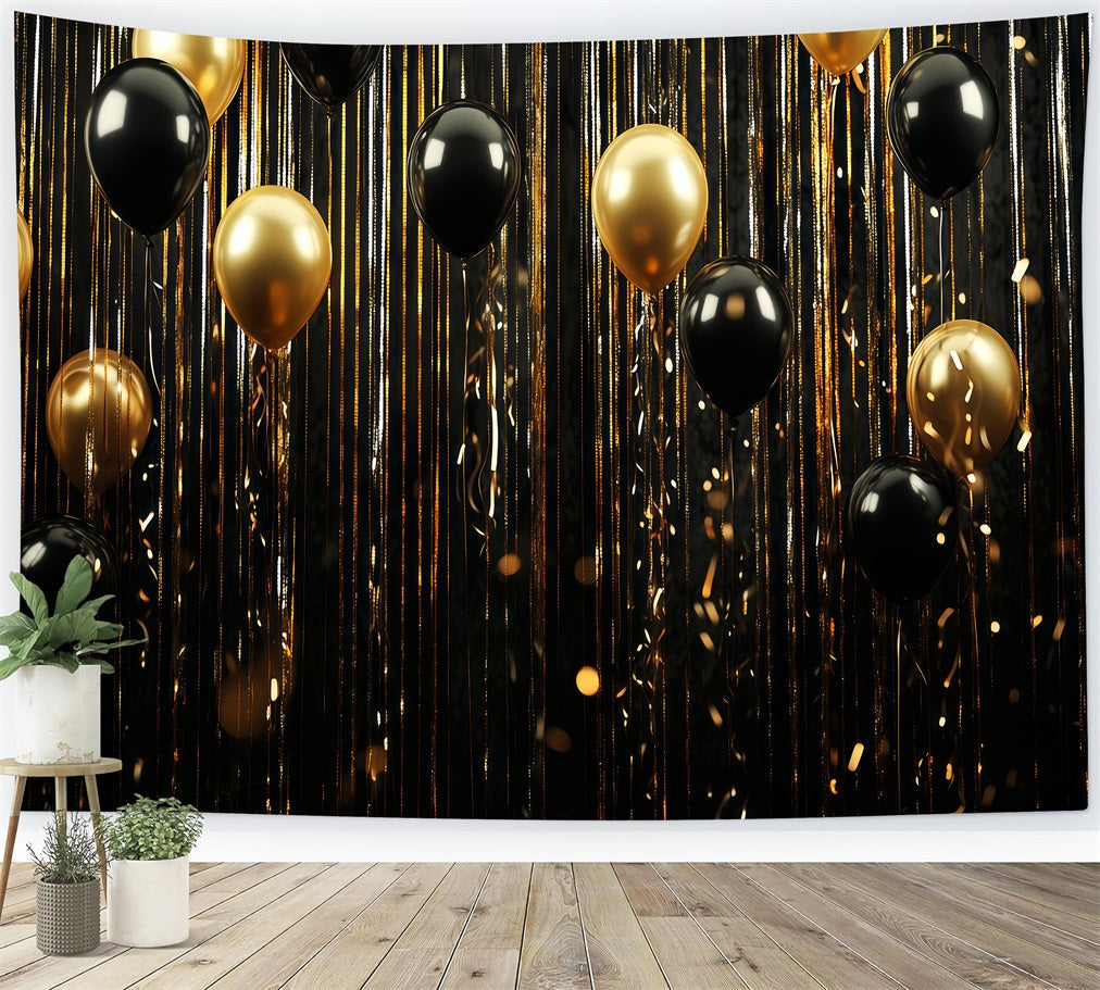 Happy New Year Backdrop Black Gold Balloon Stream Glitter Backdrops UK TWW512-14