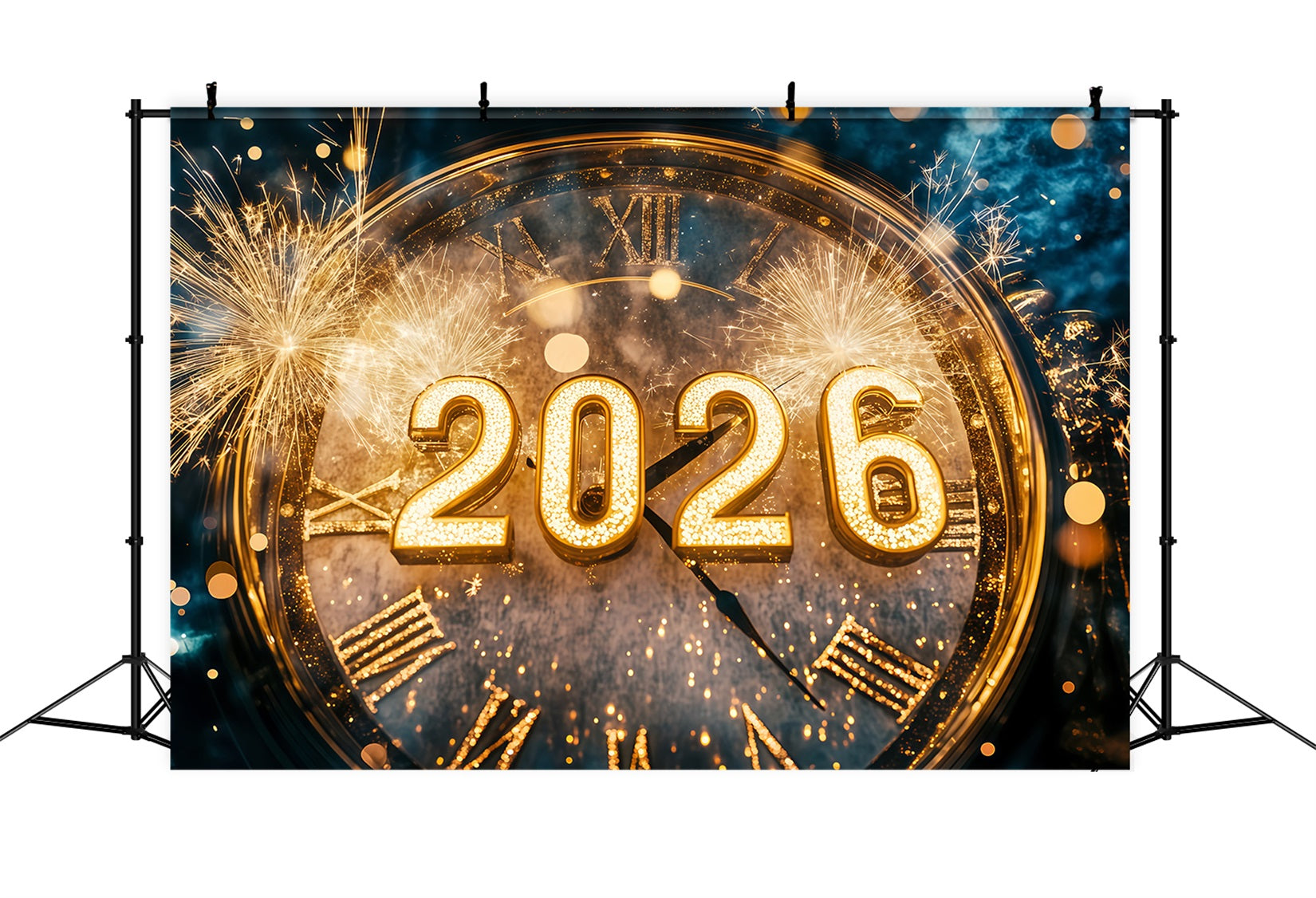 2026 New Year Backdrop Golden Fireworks Bokeh Countdown Clock Photo Backdrop UK TWW512-2
