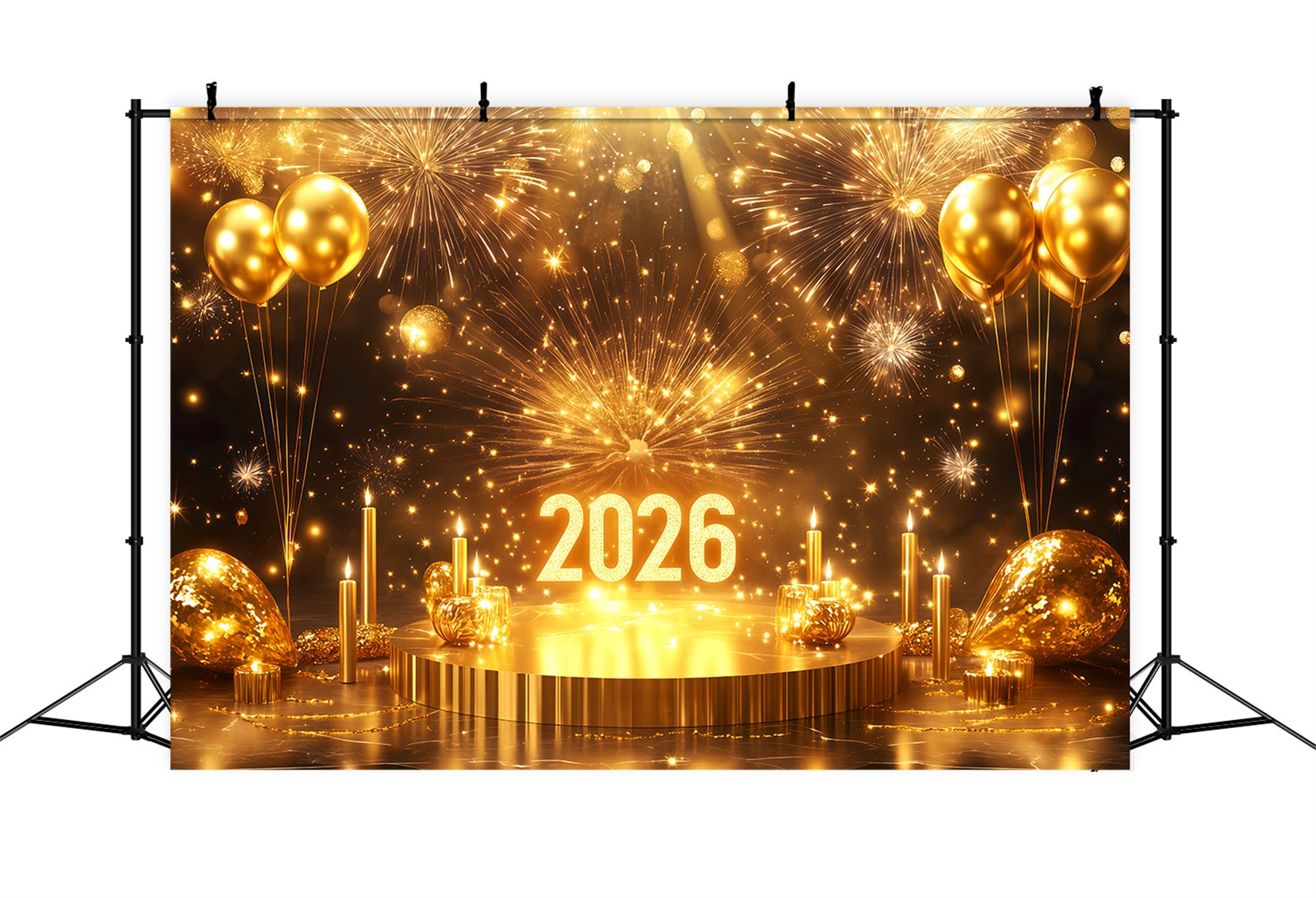 2026 New Year Backdrop Stage Balloon Sparkling Fireworks Gold Glitter Backdrop UK TWW512-23