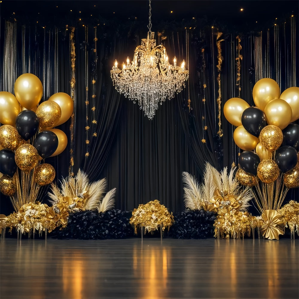 New Year Backdrop Ideas Luxury Chandelier Balloon Black And Gold Backdrop UK TWW512-28