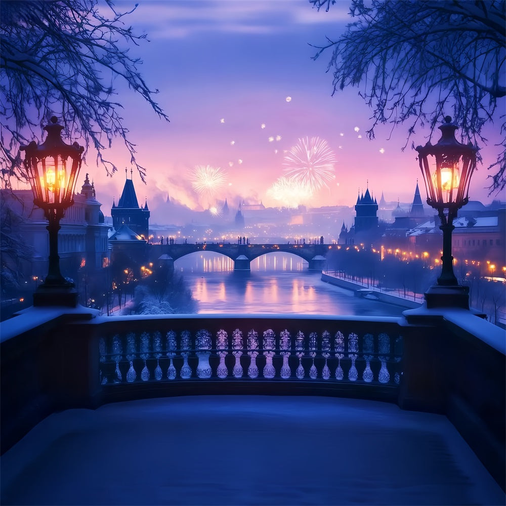 New Year Photo Backdrop Frosted River Fireworks Glow City Night Backdrop UK TWW512-29