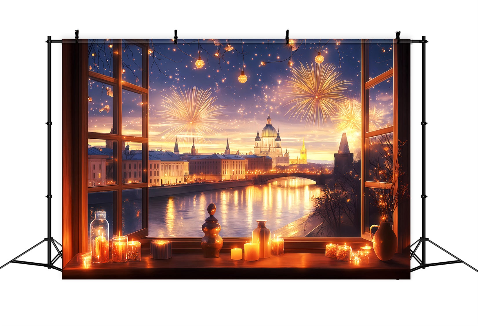 New Years Photo Backdrop Window City Fireworks Glow Cityscape Photo Backdrop UK TWW512-3
