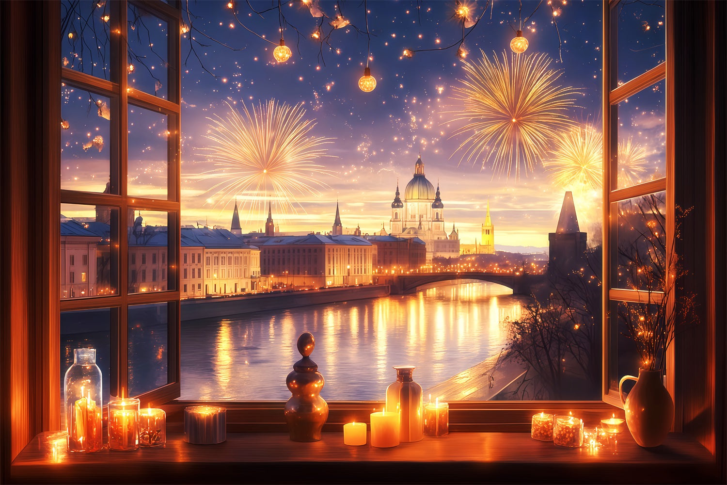 New Years Photo Backdrop Window City Fireworks Glow Cityscape Photo Backdrop UK TWW512-3