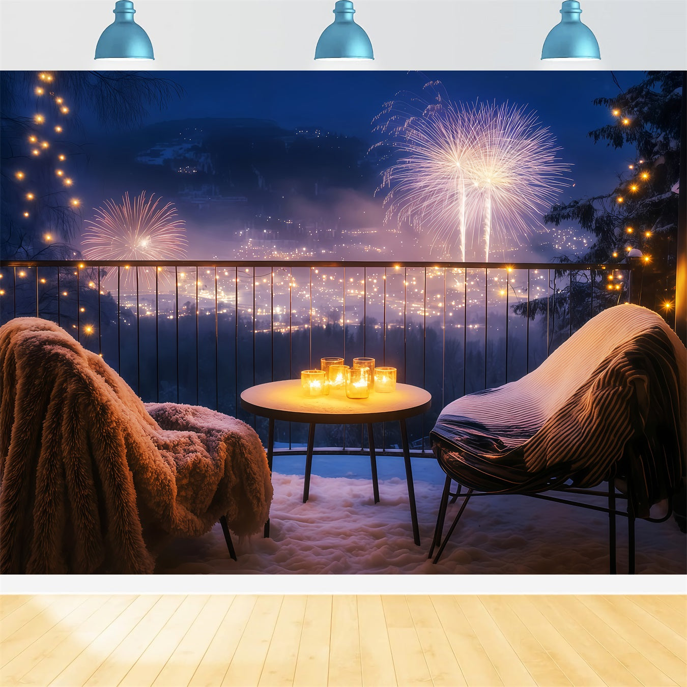 Happy New Year Backdrop Cozy Balcony Night Cityscape Fireworks Backdrop UK TWW512-32