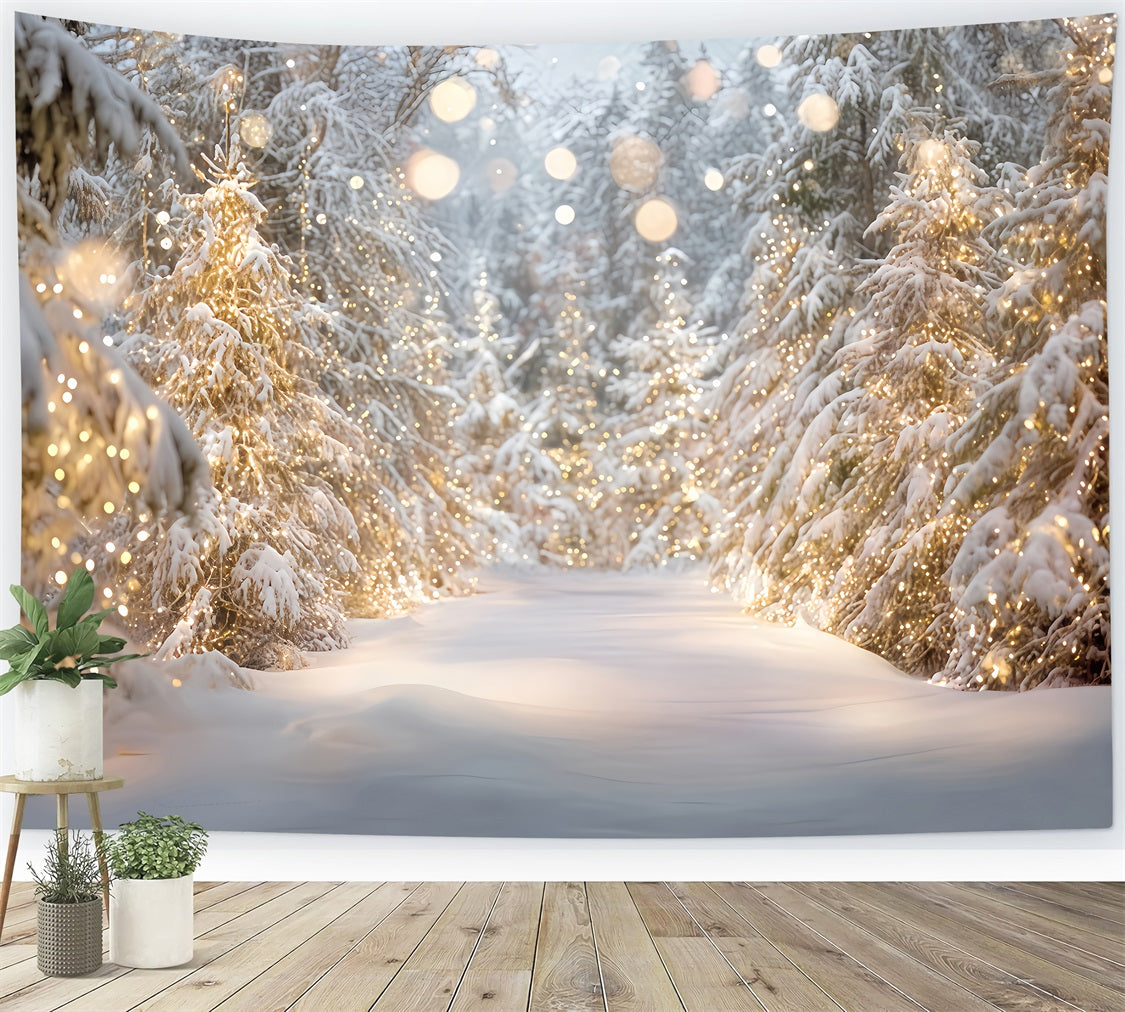 Snowy Forest Backdrop Snow Trees Golden Lights Winter Forest Backdrop UK TWW59-133
