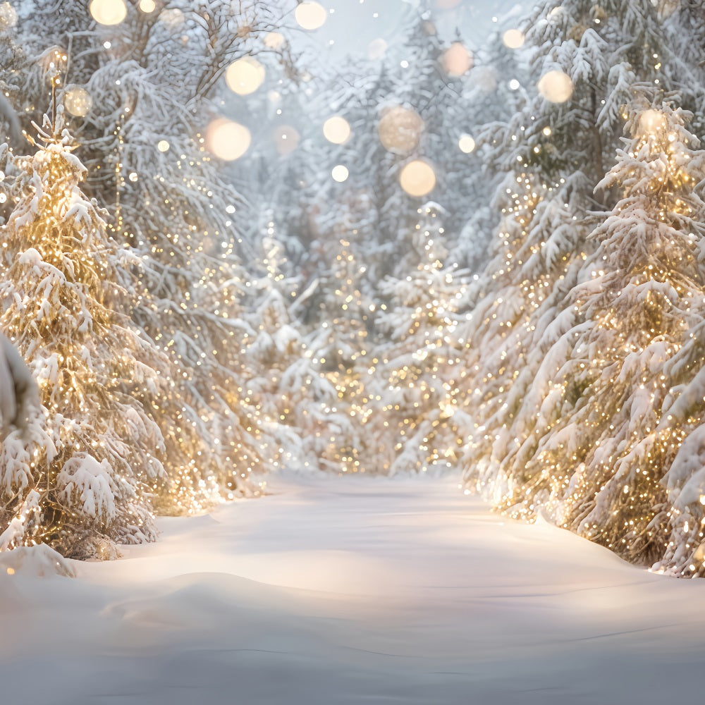 Snowy Forest Backdrop Snow Trees Golden Lights Winter Forest Backdrop UK TWW59-133