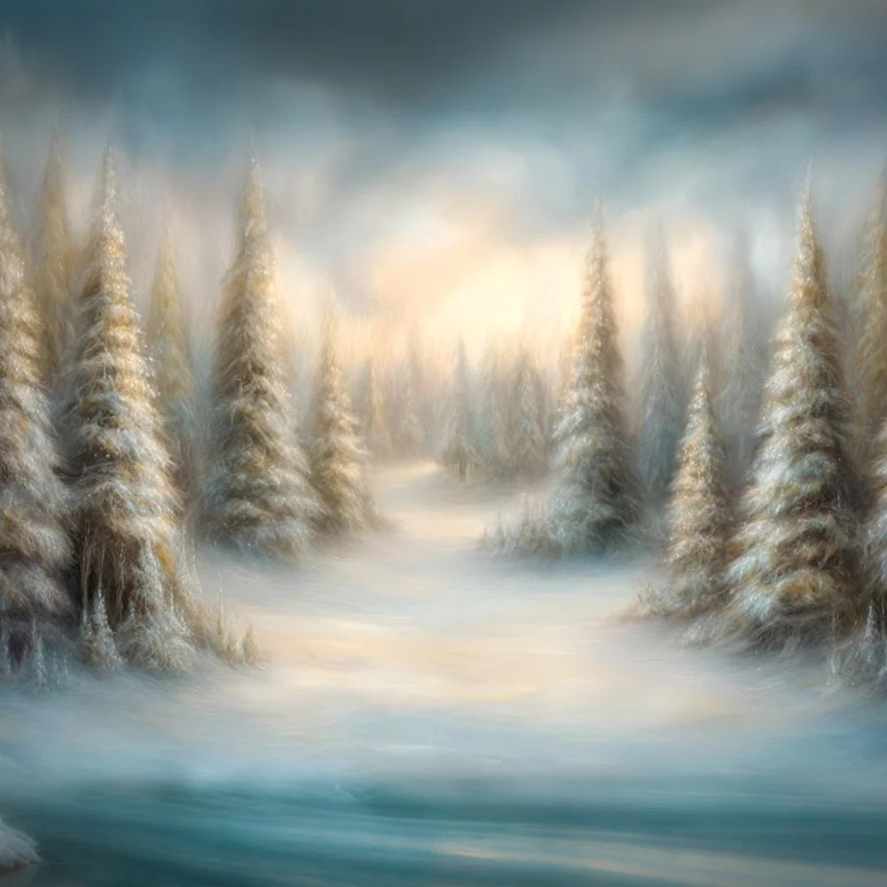 Pine Forest Backdrop Dreamy Painted Snowy Pines Forest Photo Backdrop UK TWW59-135