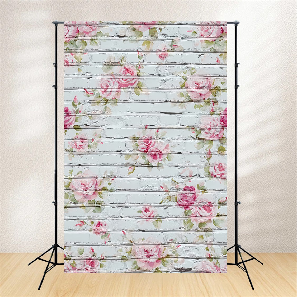 Brick Backdrops Whitewashed Floral Painted Roses Brick Wall Photo Backdrop UK TWW59-173