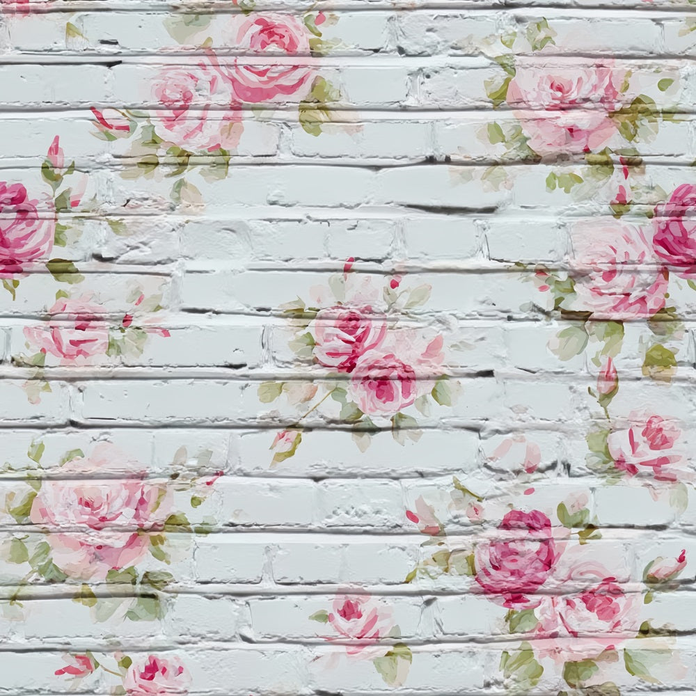 Brick Backdrops Whitewashed Floral Painted Roses Brick Wall Photo Backdrop UK TWW59-173