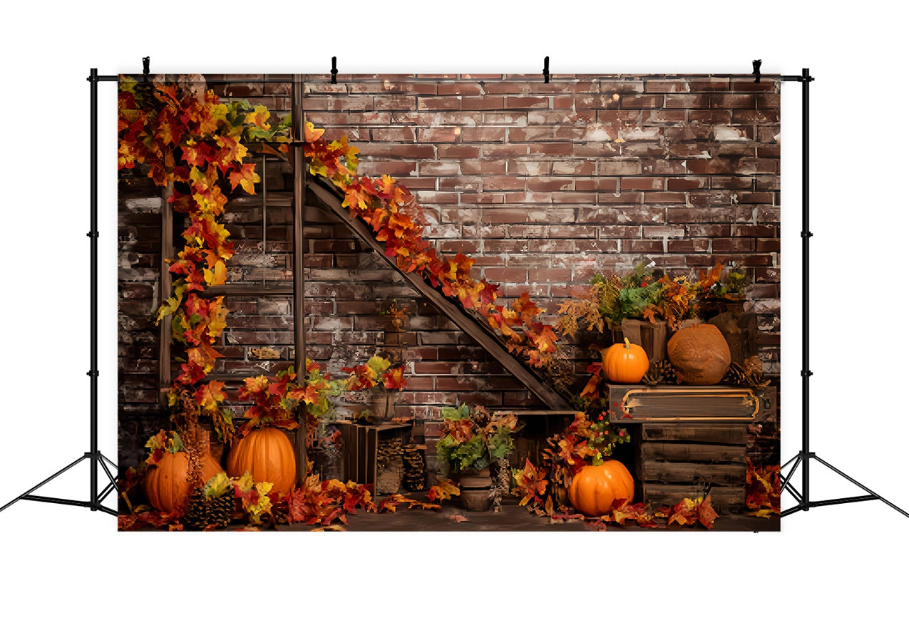 Brick Wall Backdrops Autumn Pumpkins Maple Leaves Brick Backdrop UK TWW59-195