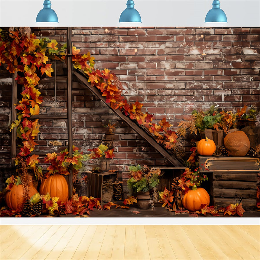 Brick Wall Backdrops Autumn Pumpkins Maple Leaves Brick Backdrop UK TWW59-195