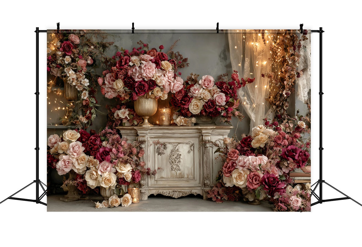 Wedding Vintage Backdrop Vintage Burgundy Rose Arrangement Wedding Backdrops UK TWW59-36